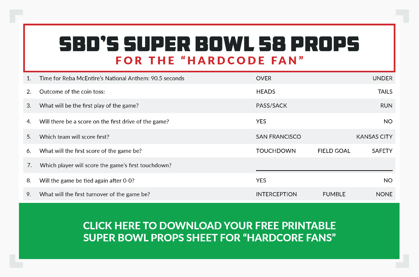 Super Bowl props sheet for hardcore fans